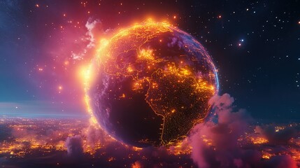 Modern digital Earth with luminous pathways and bright data points, representing cloud computing and AI networks