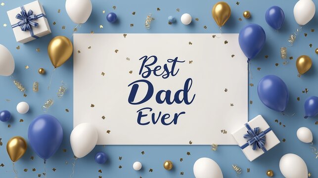 Happy Father's Day Background with White Card, "Best Dad Ever" Text, Gift Boxes, Blue Balloons, and Confetti on Blue Background for Web Banner Template, Celebration Mockup Advertising Poster Design