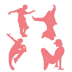 The silhouette of a pink color in a contemporary style of young people appears in the photo. The movement of the silhouette of teenagers having fun, free to style.