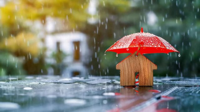 Mortgage protection or renter home insurance. Miniature wooden house under red umbrella in the rain outdoors