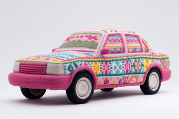 Intricate yarn-wrapped toy car, vibrant tapestry hues, fanciful textile artistry, World Craft Day, quirky vehicular decor