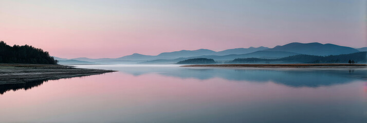 Fototapeta premium Tranquil twilight whispers over serene mirrored lake, evoking Hanami reflections and introspective hygge serenity amidst fading daylight