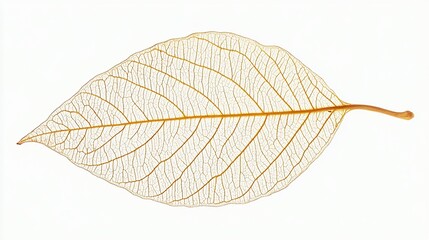 Close-up of a light brown, translucent leaf skeleton, with intricate veins visible against a white background