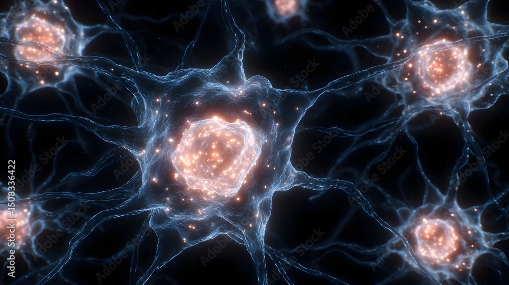 Poster detailed microscopic depicting the intricate structure and interconnected network of astrocyte cells