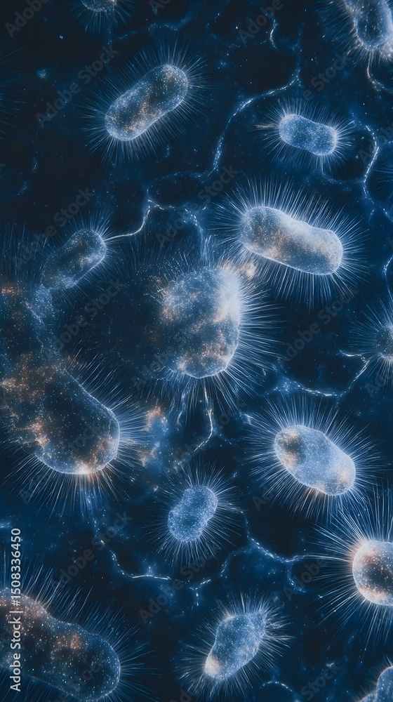 Poster magnified view of intricate rod shaped bacteria on a glass surface digitally rendered using advanced