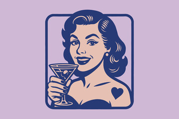 Smiling woman with martini retro icon style vector illustration

