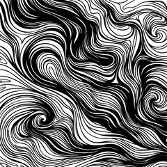 Seamless abstract black and white fluid marble texture with swirling curved lines, optical illusion pattern, modern psychedelic background for fabric, print, packaging, wallpaper, and branding. Vector