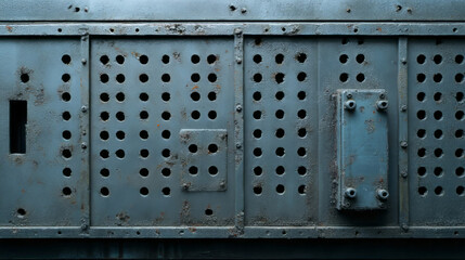 Fototapeta premium Rust-kissed perforated metal evokes steampunk nostalgia, industrial archaeology, and the curious allure of Soldering Day festivities