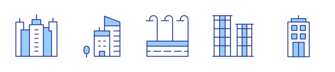 street lights, city, buildings, office building, building. Urban Icon vector illustration. Line Duotone style. Editable stroke