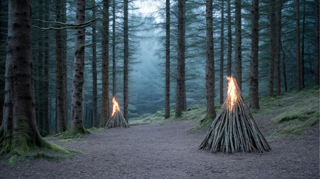 Mysterious bonfire sentinels guard the misty twilight forest, evoking Beltane's ancient rituals and cryptic woodland gatherings