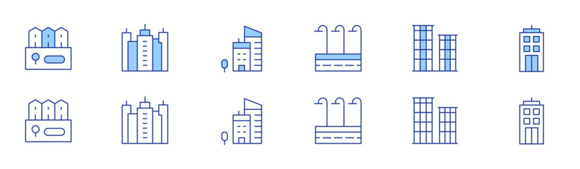 Obraz premium Urban icon set in two styles, Duotone and Thin Line style. Editable stroke. village, street lights, city, buildings, office building, building
