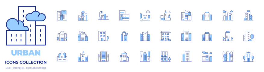 Urban icons collection. Line Duotone style, editable stroke. hospital, town hall, streetlight, office building, city, architecture and city, skyscraper