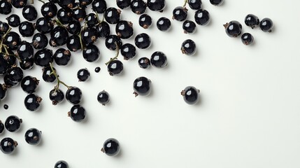 Fresh black currants are arranged in a clustered manner on a white background. Their glossy skins glisten, highlighting their ripeness and vibrant color, perfect for culinary uses