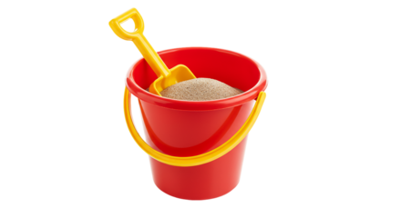 A child s dream of building sandcastles with a bright red bucket brimming with sand a yellow on transparent background