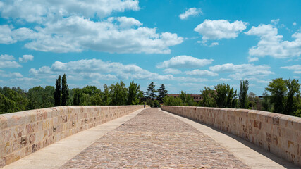 Caminando sobre el puente de piedra de Zamora, de origen romano y reformado medieval, España