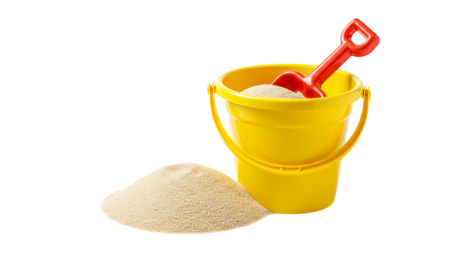 A bright yellow bucket brimming with sand a red shovel playfully perched inside beside a small on transparent background