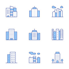 Urban icons set. Line Duotone style, editable stroke. skyscraper, buildings, city, office building, building, smog