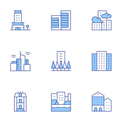 Urban icons set. Line Duotone style, editable stroke. office, building, pollution, buildings, canal, smart city, skyscraper