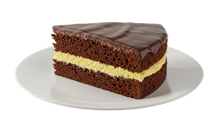 Indulge in a decadent slice of chocolate cake a comforting treat layered with creamy custard on transparent background