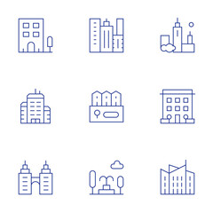 Urban icons set. Thin Line style, editable stroke. city, architecture and city, village, buildings, fountain, architecture, building, office building, skyscraper