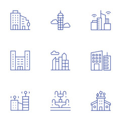 Urban icons set. Thin Line style, editable stroke. building, skyscraper, skyline, smart city, fountain, daycare center, cityscape