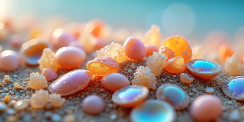 Photomicrograph of beach sand showing a mosaic of multicolored crystal and shell fragments—each tiny piece a testament to oceanic erosion and life. AI-generated