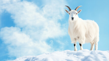 Obraz premium Ethereal goat surveys frosty kingdom, symbolizing Capricorn's mystique and Goat Festival's quirky celebration, against cerulean sky