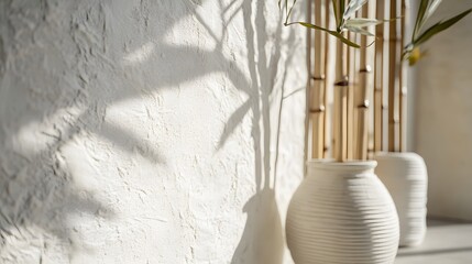 Sunlight casts shadows on a textured white wall with decorative ceramic vases.