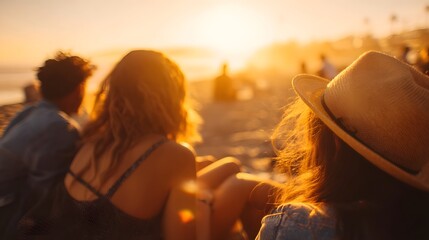 A group of friends spending time together at the beach taking in the serene atmosphere and warm golden glow of the sunset while relaxing and breathing in the refreshing ocean air