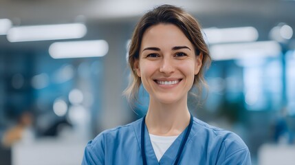 Smiling female healthcare professional in medical uniform standing in a clinic or hospital exam room and looking directly at the with a positive friendly demeanor