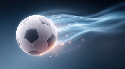 Naklejka premium A football floating in the air with beautiful colorful lighting. A footballer kicking the ball forward. A football match.