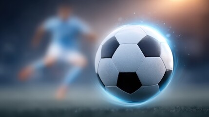 Naklejka premium A football floating mid-air surrounded by glowing light, with a football player in the background kicking the ball. A professional football match. An image suitable for advertising