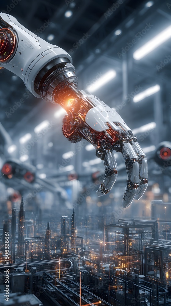 Poster close up view of advanced industrial and robotic technology used in a modern factory setting showcas