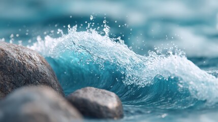 Fototapeta premium A slow-motion scene of waves crashing gently onto rocks on a beautiful and peaceful beach. An atmosphere that conveys warmth and softness.
