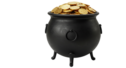 A whimsical pot of gold coins overflowing with prosperity and luck symbolizing fortune and on transparent background