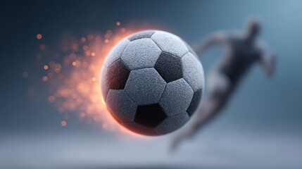 Obraz premium A football floating mid-air surrounded by glowing light, with a football player in the background kicking the ball. A professional football match. An image suitable for advertising