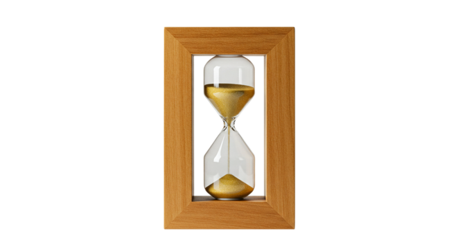 The fleeting beauty of time captured in an hourglass as golden sands mark moments passing on transparent background