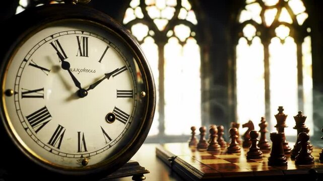 Vintage clock ticking near chessboard chess pieces gothic window timeless strategy antique mood
