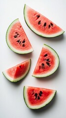 Juicy watermelon slices are arranged on a white surface, showcasing their rich red flesh and distinct black seeds, making a refreshing summer treat