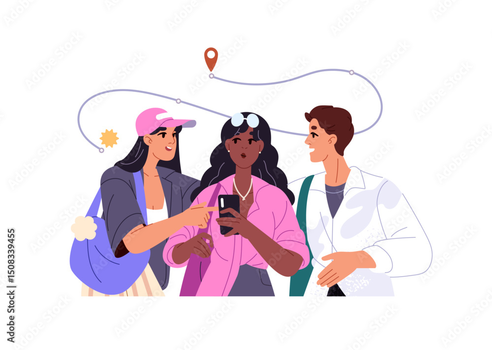 Poster people look for direction in trip with phone. friends search for path to destination with online map