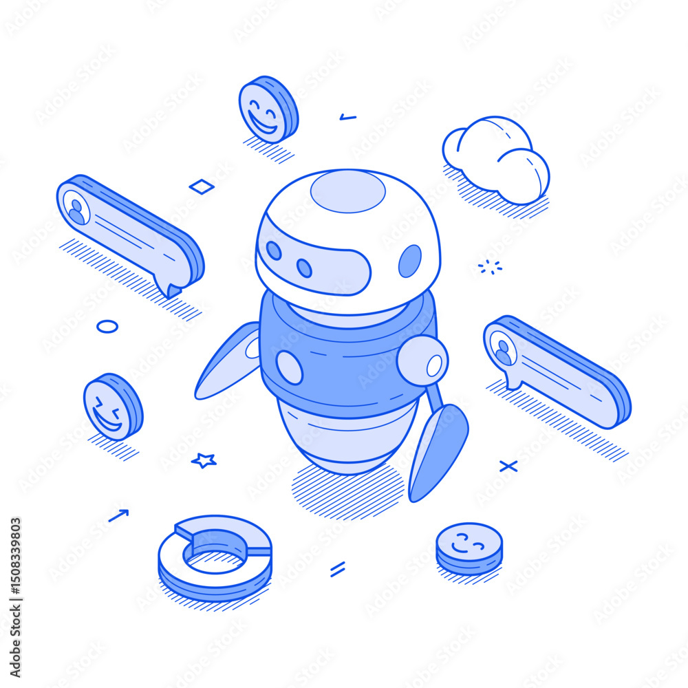 Poster ai chatbot artificial intelligence robotic assistance support communication minimalist isometric vec