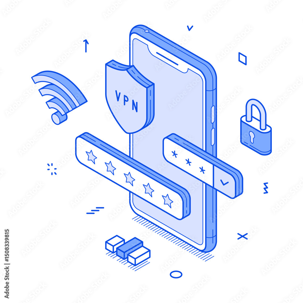 Poster vpn network security smartphone application user privacy minimalist isometric vector illustration. m