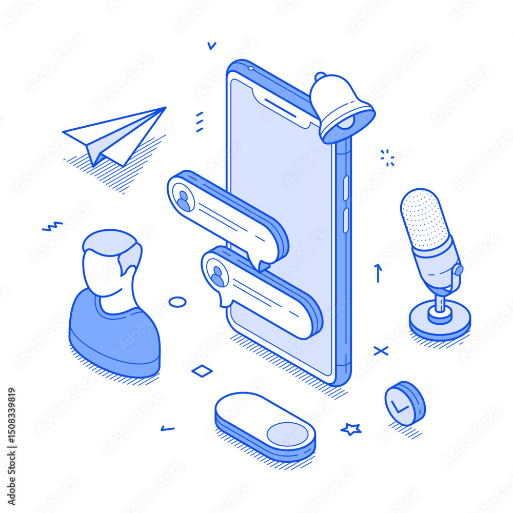 Poster social media content user online message chatting smartphone application minimalist isometric vector