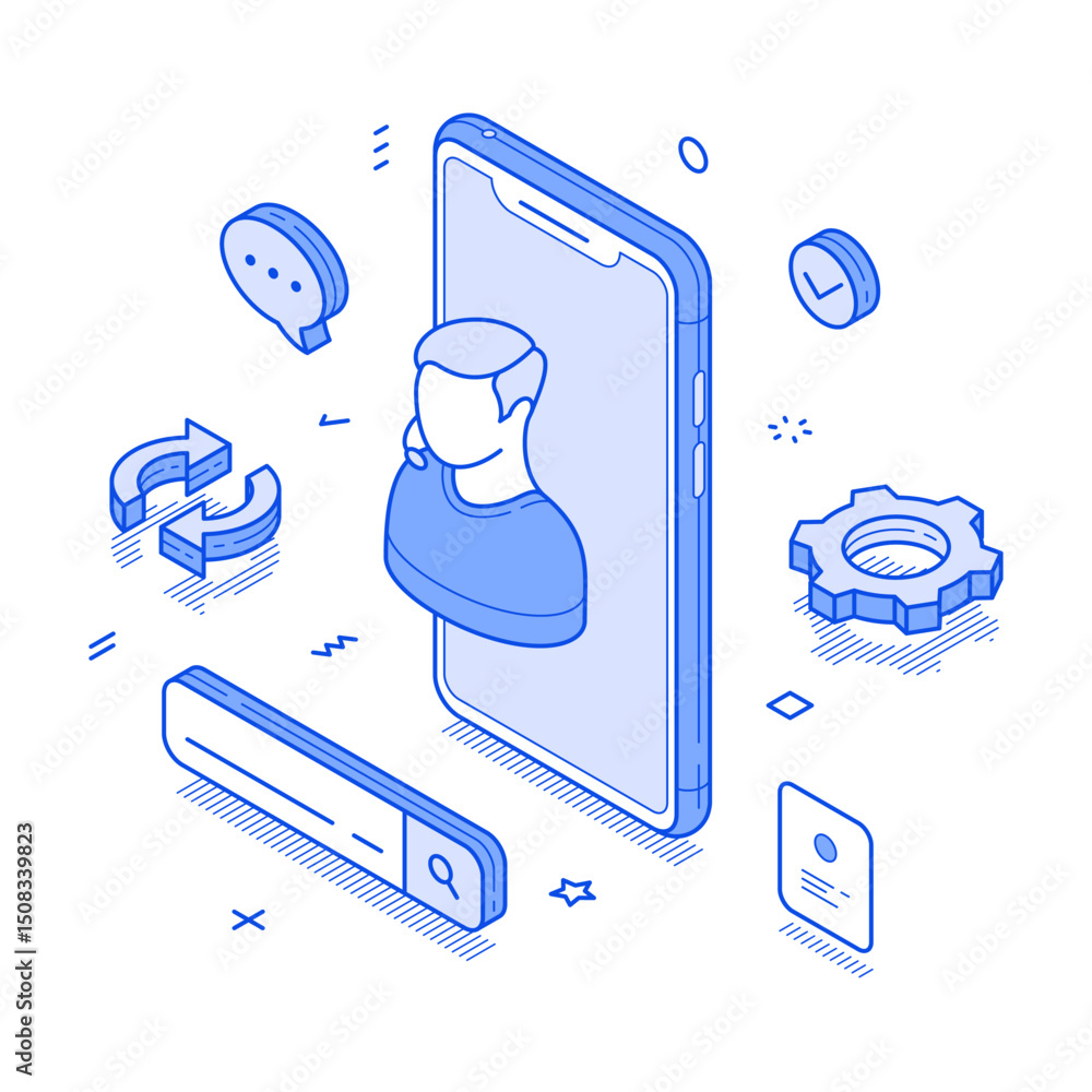 Poster technical support smartphone application chatbot assistant digital technology minimalist isometric v