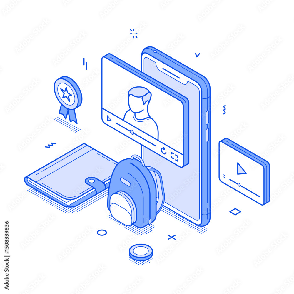 Poster video lesson e learning remotely education class smartphone application minimalist isometric vector 