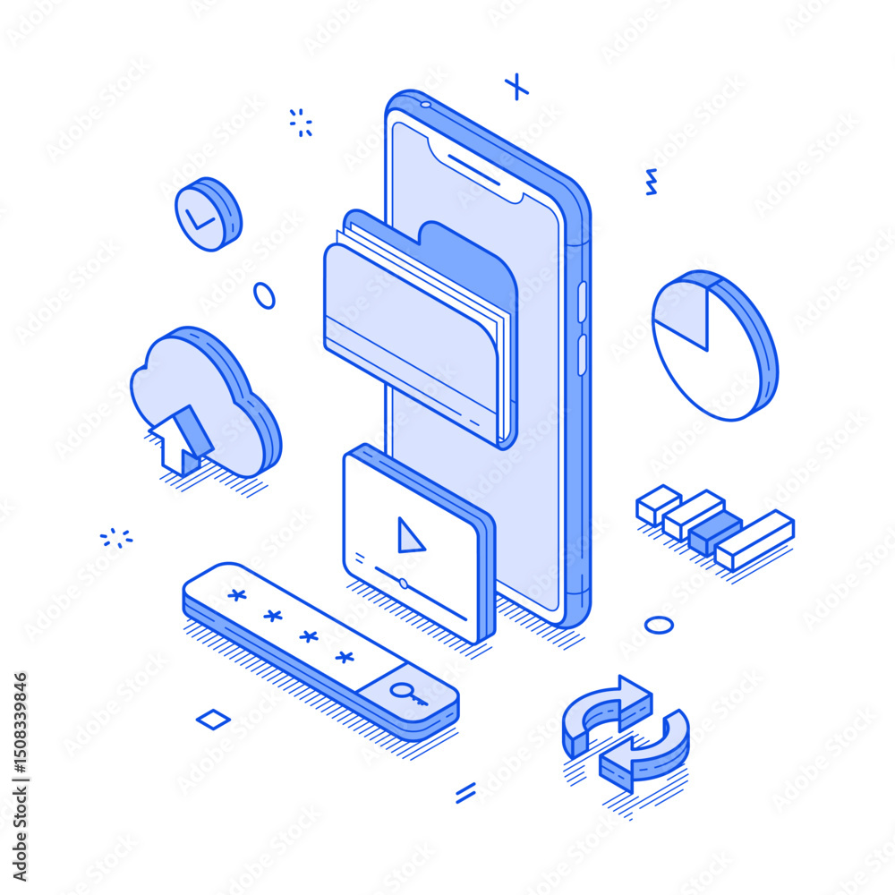 Poster cloud storage digital media file smartphone application minimalist isometric vector illustration. mu
