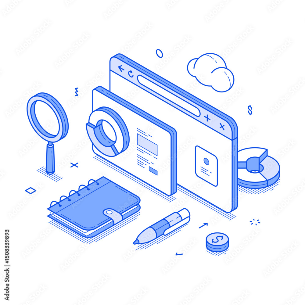 Poster business analyzing information statistic internet browser technology minimalist isometric vector ill