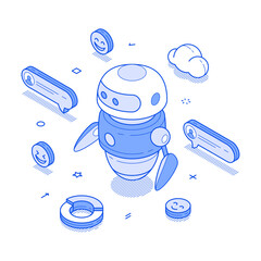 AI chatbot artificial intelligence robotic assistance support communication minimalist isometric vector illustration. Futuristic digital technology machinery cyborg automated neural web programming