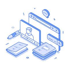E learning online distance education video lesson webinar lecture minimalist isometric vector illustration. Remotely internet studying college school university course cyberspace digital technology