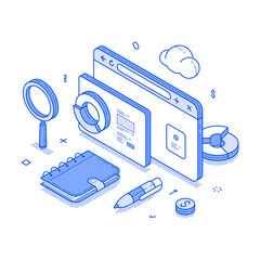 Business analyzing information statistic internet browser technology minimalist isometric vector illustration. Analytics and monitoring brainstorming diagram management marketing optimization
